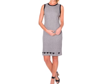 Whimsical sheath cocktail dress, Sleeveless dress with heart print and laced back, Gray stretchy cotton jersey pencil dress size S