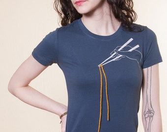 Women chopstick T-shirt with noodle yarn applique, Indigo blue gray tee with how to use chopsticks print and ramen, Japanese food tshirt