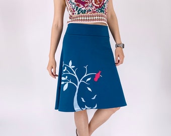 Teal blue plus size bird skirt with white tree print and cardinal applique, Travel skirt with hot pink bird sew on patch size xl 2xl 3xl