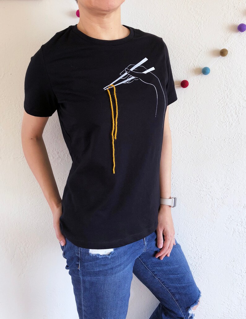 Chopsticks How-To T-Shirt, Women unique black tee with chopsticks print and noodle yarn in size S M L XL 2X, Kawaii Ramen Lover Shirt image 3