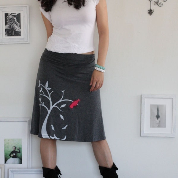 Grey Knee Length Skirt with my Drawing-The bird and the falling leaves-size Medium