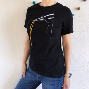 Chopsticks How-To T-Shirt, Women unique black tee with chopsticks print and noodle yarn in size S M L XL 2X, Kawaii Ramen Lover Shirt image 4