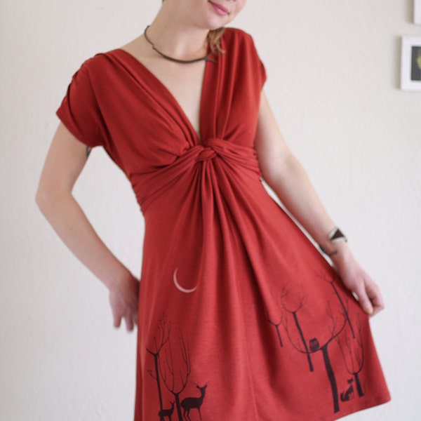 Rusty Orange Dress . V Neck Twist Front Dress . Super Soft Jersey Dress - Lovely Neighbors From the Woods - size Medium