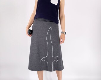 A-line midi skirt with albatross applique, Long soft cotton jersey knit skirt with bird embroidered design, Available in Black and Gray