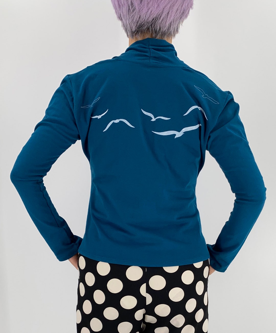 Teal Blue Cotton Jersey Wrap Top With White Flying Bird Print Etsy