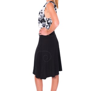 Black jersey knit skirt with white modern line drawing and swirling sewing stitch lines, A-line midi black skirt in size S and M image 7