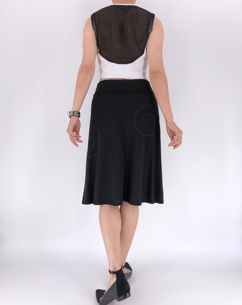 Black jersey knit skirt with white modern line drawing and swirling sewing stitch lines, A-line midi black skirt in size S and M image 10