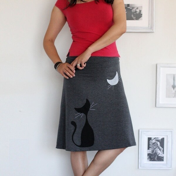 Handmade cat appliqué skirt . Grey Knee Length A-line Skirt - Our cat and the moon - size Large