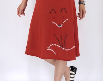 Whimsical plus size fox skirt in burnt orange, Soft jersey knit stretchy knee length skirt with fox embroidery design in size xl xxl xxxl