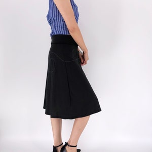 Black jersey knit skirt with white modern line drawing and swirling sewing stitch lines, A-line midi black skirt in size S and M image 2