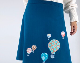 Teal Blue A-Line Cotton Jersey Knit Skirt with Hot Air Balloon Appliques - Plus Size Fun Stretchy Skirt - Hot Air Balloon Clothing