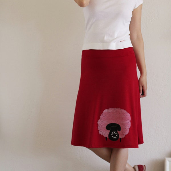 Tomato red  knee length summer skirt-Telephone Sheep-Size Large