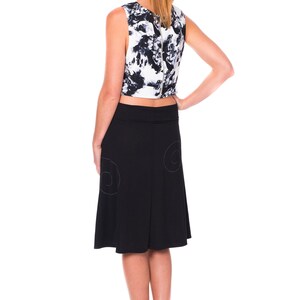 Black jersey knit skirt with white modern line drawing and swirling sewing stitch lines, A-line midi black skirt in size S and M image 8