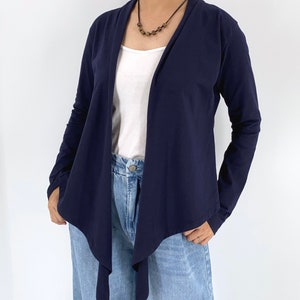 Stretchy cotton jersey knit long sleeve yoga tie wrap top in Navy blue and Teal blue, Size in S, M, L, XL, Cotton convertible top image 4