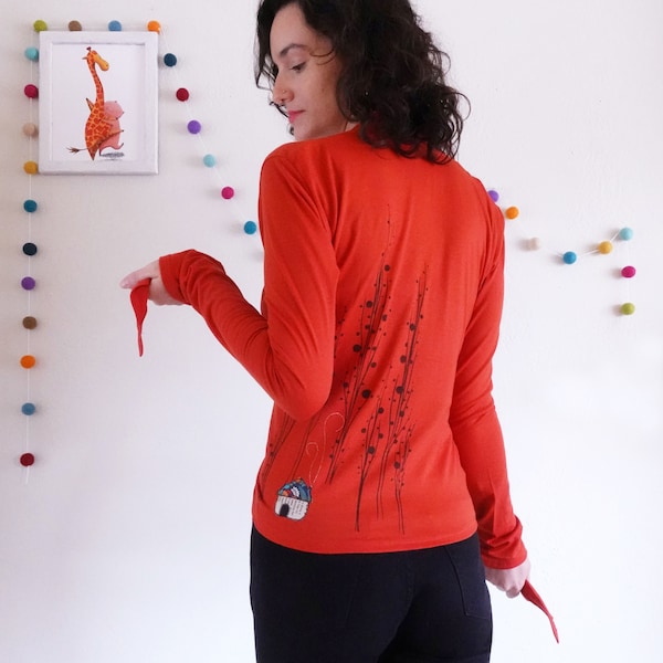 Haut cache-cœur de yoga étiré fait main à imprimé forêt avec patch à coudre petite maison, pull cache-cœur orange brûlé grande taille, cardigan léger pour voyage