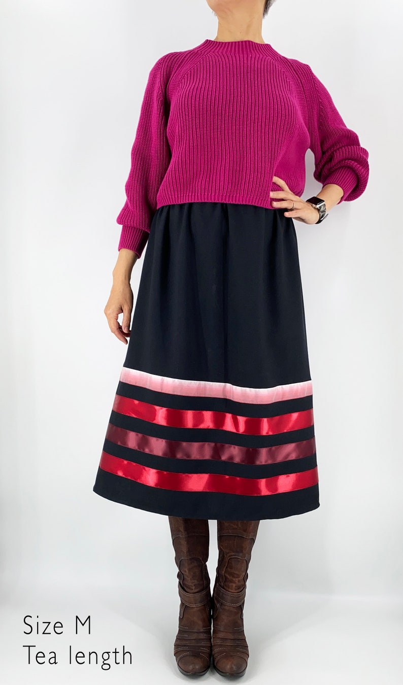 Elegant Ribbon Skirt . Handmade Black Skirt with Red Burgundy Pink Ribbons image 7