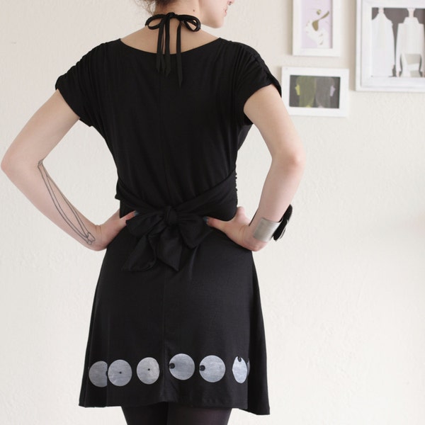 Holiday Sale - Fun Black Dress . V-neck dress . Handmade Applique Dress -Big eyes-szie Large
