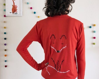 Wrap top with fox line drawing sew on applique, Burnt orange tie around cardigan with fox illustration, Cute fox shirt for women