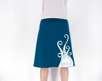 Teal blue cotton jersey A line midi skirt with white big octopus print, Women's octopus illustration kawaii skirt, Octopus print clothes