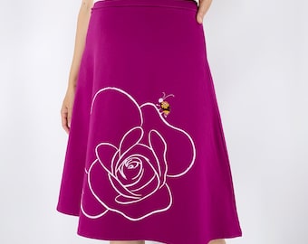 Plus Size Magenta Cotton Skirt with Big Flower Print and Ladybug Applique, Hot Pink Bold Rose Print Skirt in size xl xxl xxxl