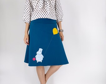 Cute Hippopotamus Print A-Line Teal Blue Skirt with Lollipop and Yellow Balloon Sew On Patches, Handmade Cotton  Skirt in Size S M L XL