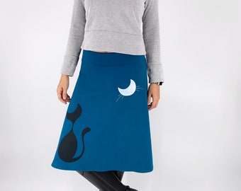 Kawaii cotton A line knee length skirt with black cat print and white moon print, Teal blue stretchy jersey knit midi skirt in size S M L XL