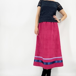 Fuschia ribbon skirt with navy blue satin ribbon and blue pink gradient ribbon / Pockets optional