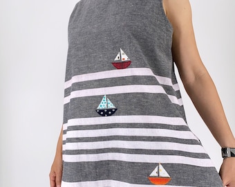 Cotton Linen Striped Shift Dress with Cute Sailboat Applique, Gray and White Sleeveless Summer Dress with Pockets and Boat Sewon Patches