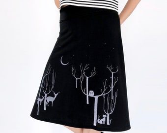 Plus Size Black Skirt with Forest Moon, Owl, Fox, Deer and Starry Night Print and Beaded Applique - Elastic waist skirt in XL 2XL 3XL