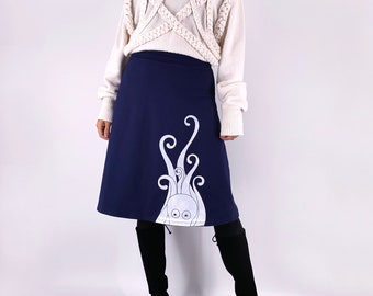 Navy blue cotton jersey knit A line skirt with bold white octopus print, Octopus illustration kawaii clothing, octopus skirt size S M L XL