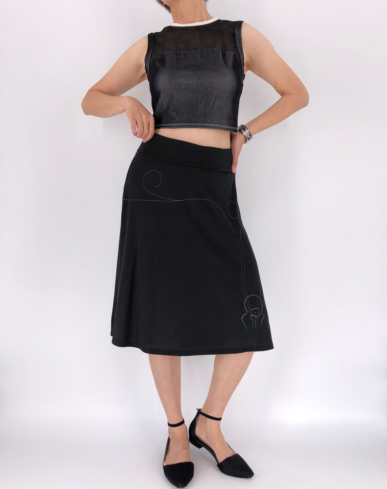 Black jersey knit skirt with white modern line drawing and swirling sewing stitch lines, A-line midi black skirt in size S and M image 9