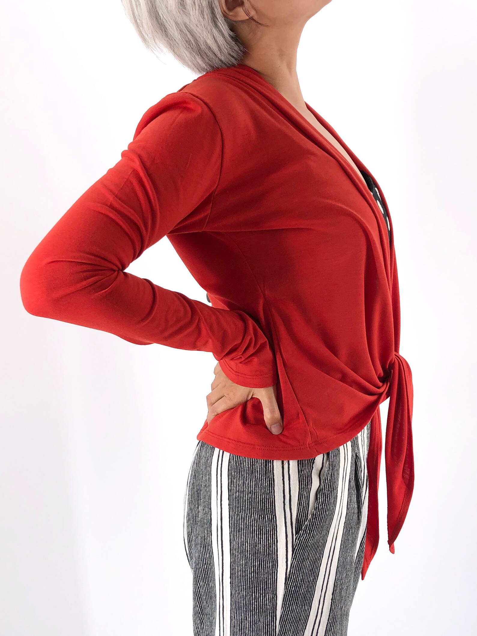 Women Stretchy Jersey Knit Wrap Blouse in Burnt Orange and Etsy