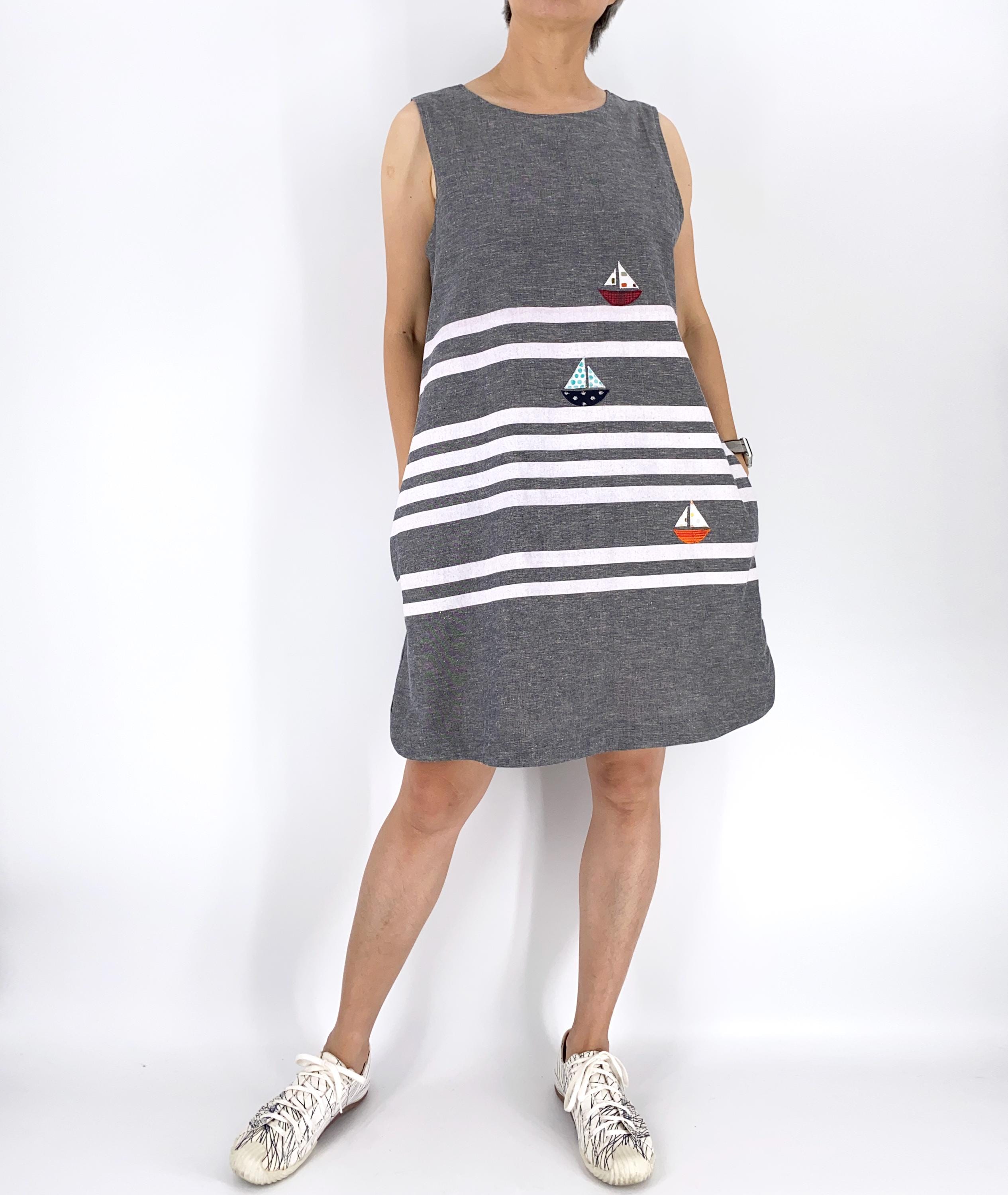 Nautical Summer Dress | Gray and White Striped Dress with Sailboat Applique | Cute Dress with Pockets and Boat Sewon Patches size M, XL