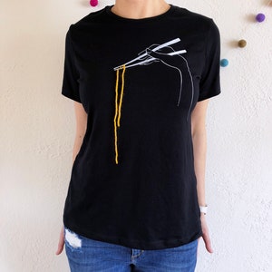 Chopsticks How-To T-Shirt, Women unique black tee with chopsticks print and noodle yarn in size S M L XL 2X, Kawaii Ramen Lover Shirt image 1