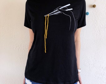 Chopsticks How-To T-Shirt, Women unique black tee with chopsticks print and noodle yarn in size S M L XL 2X, Kawaii Ramen Lover Shirt