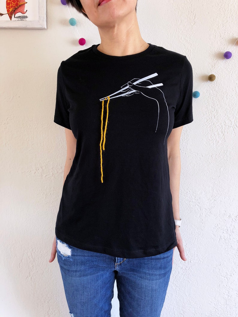 Chopsticks How-To T-Shirt, Women unique black tee with chopsticks print and noodle yarn in size S M L XL 2X, Kawaii Ramen Lover Shirt image 1