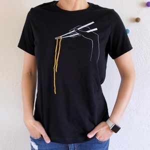 Chopsticks How-To T-Shirt, Women unique black tee with chopsticks print and noodle yarn in size S M L XL 2X, Kawaii Ramen Lover Shirt image 2