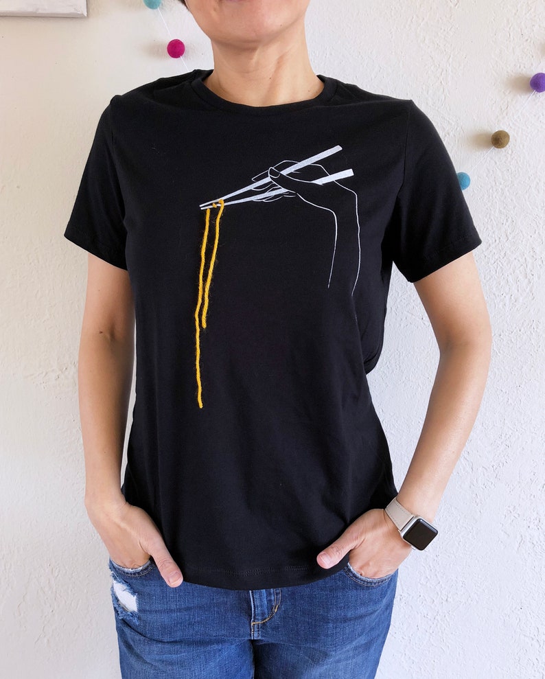Chopsticks How-To T-Shirt, Women unique black tee with chopsticks print and noodle yarn in size S M L XL 2X, Kawaii Ramen Lover Shirt image 2