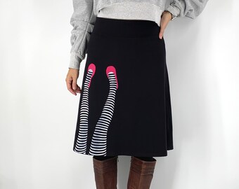 A line cotton knit skirt with white striped legging print and hot pink shoe applique, Black knee length skirt, Pull on elastic waist skirt