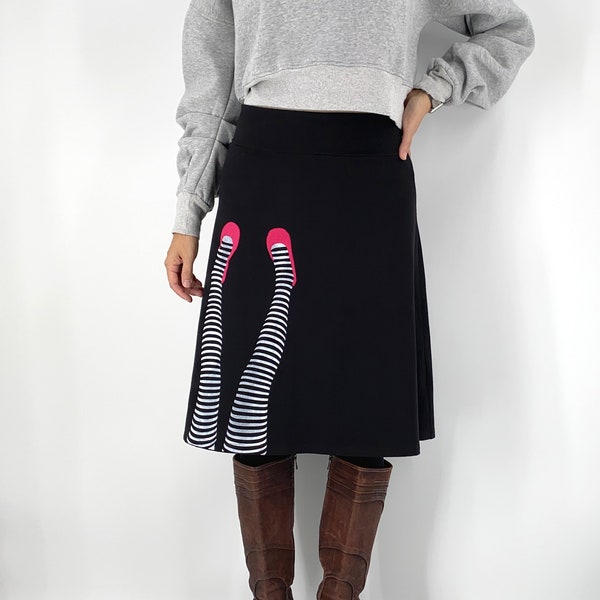 A line cotton knit skirt with white striped legging print and hot pink shoe applique, Black knee length skirt, Pull on elastic waist skirt