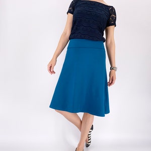 Trendy plus size a line cotton jersey knee length skirt in solid color black / dark navy blue / teal blue / purple / gray / fuchsia red