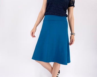 Trendy plus size a line cotton jersey knee length skirt in solid color black / dark navy blue / teal blue / purple / gray / fuchsia red