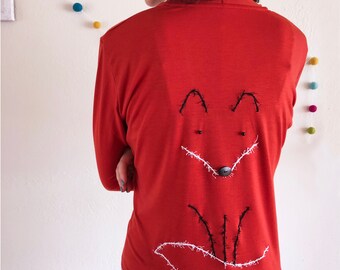 Plus size asymmetric shirt with fox line drawing sew on applique, Burnt orange open front or Tie back wrap top with cute fox pattern