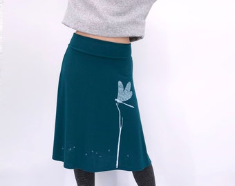 Teal blue A-line jersey knit skirt with white dragonfly print, Foldover stretchy skirt with dragonfly wing drawing, Gift for dragonfly lover