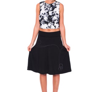 Black jersey knit skirt with white modern line drawing and swirling sewing stitch lines, A-line midi black skirt in size S and M image 5