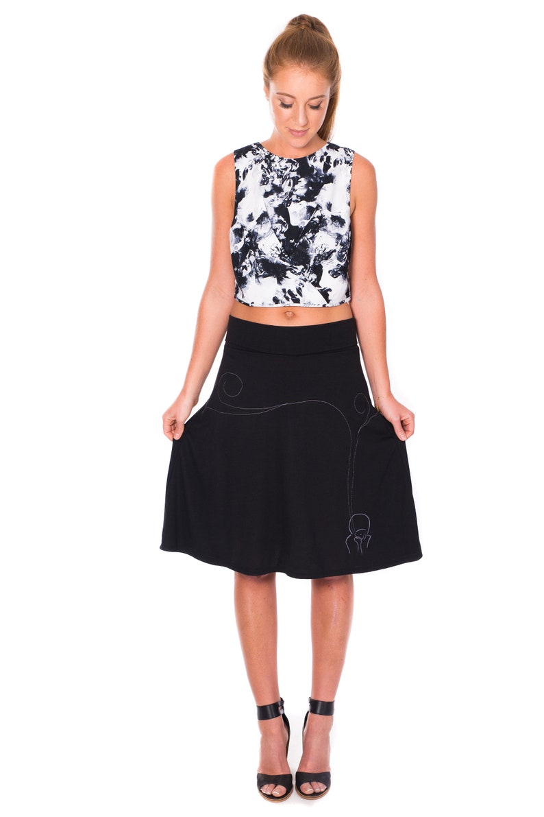 Black jersey knit skirt with white modern line drawing and swirling sewing stitch lines, A-line midi black skirt in size S and M image 5