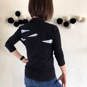 Women black wrap shirt with white paper airplane screen print size S M L XL, Stretchy cotton knit long sleeve paper airplane cardigan image 6