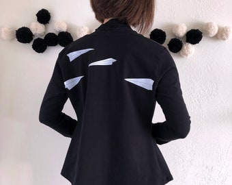 Women black wrap shirt with white paper airplane screen print size S M L XL, Stretchy cotton knit long sleeve paper airplane cardigan