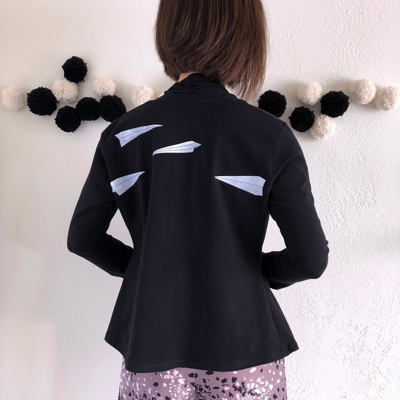 Women black wrap shirt with white paper airplane screen print size S M L XL, Stretchy cotton knit long sleeve paper airplane cardigan image 1