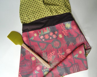 Garden Cat Apron with Watering Cans, Wheelbarrows, Flowers, and Birds